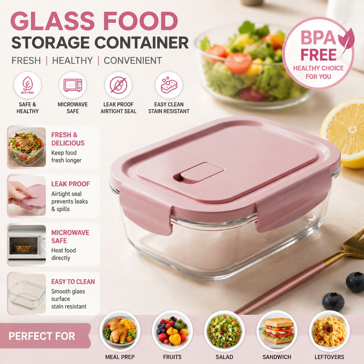 Meal Prep Gym Food - Glass Food Storage Container Airtight BPA
